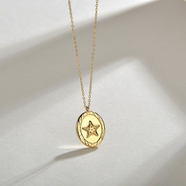 Star oval medal pendant necklace in 14k gold plating steel