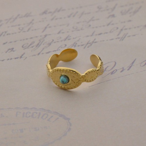 Turquoise in the eye opening ring in 14k gold plated stainless steel