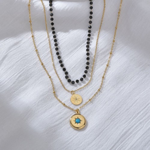 Starburst medallion bead chain triple layered necklace