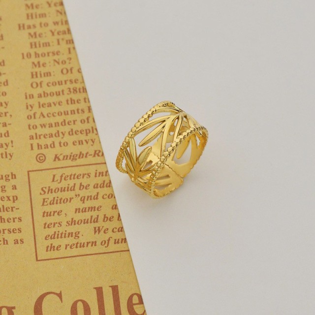 14k gold plating leaf branch adjustable ring in stainless steel