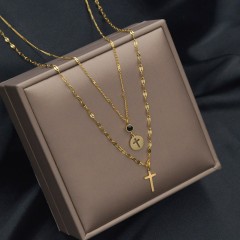 Cross cutout disc and cross pendant double row layered necklace, Long-lasting