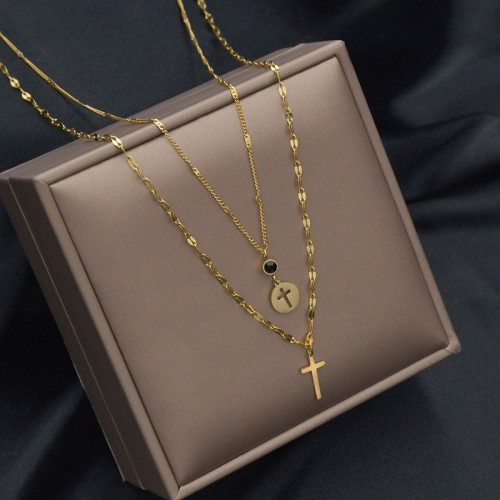 Cross cutout disc and cross pendant double row layered necklace, Long-lasting