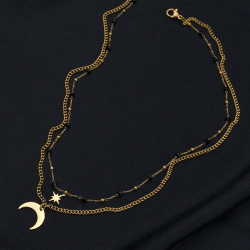 Gold plating curb chain and bead station chain with moon and star layered necklace
