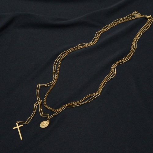 Curb chain and clip chain layered necklace with cross and virgin mary medallion