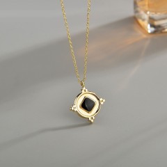 Vintage medal with black square enameling necklace in stainless steel