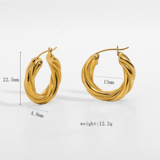 Twisted rope inspired hoop gold plating earrings in stainless steel