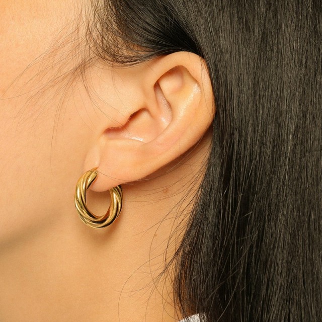 Twisted rope inspired hoop gold plating earrings in stainless steel