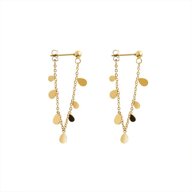 Water droplet chain front to back earrings in gold plating