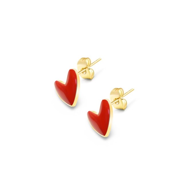 Red enamel sweet heart stud earrings in gold plated stainless steel