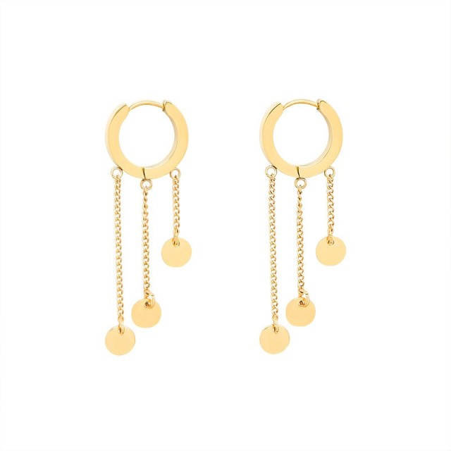 Disc with chain tassel huggie earrings in gold plating steel