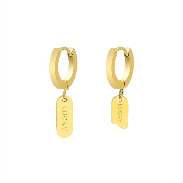 Lucky tag huggie hoop earrings in gold plating stainless steel