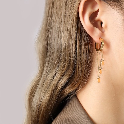 Disc with chain tassel huggie earrings in gold plating steel