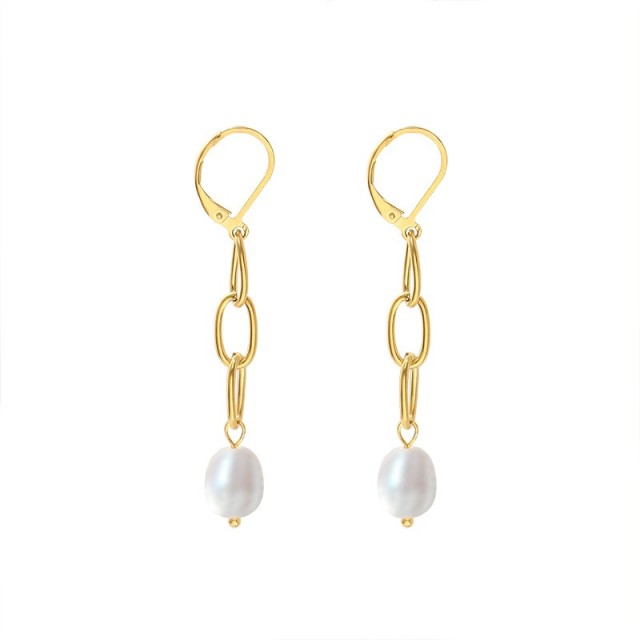 Gold plating clip chain with pearl drop earrings in stainless steel