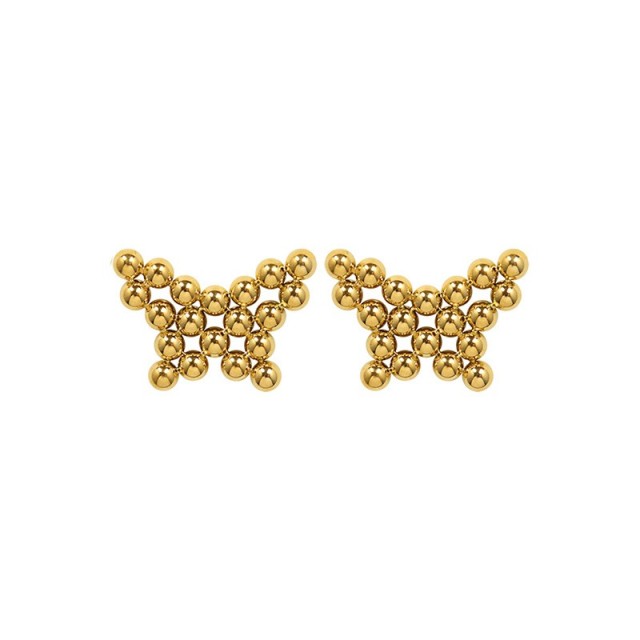 Gold plated beaded butterfly stud earrings in stainless steel