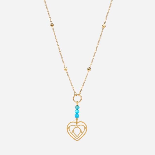 Turquoise beaded bar with ethnic heart pendant necklace based on surgical stainless steel