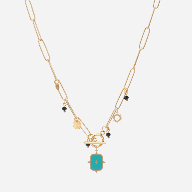 Sun charm and rectangle pendant clip chain necklace / Collier acier inoxydable