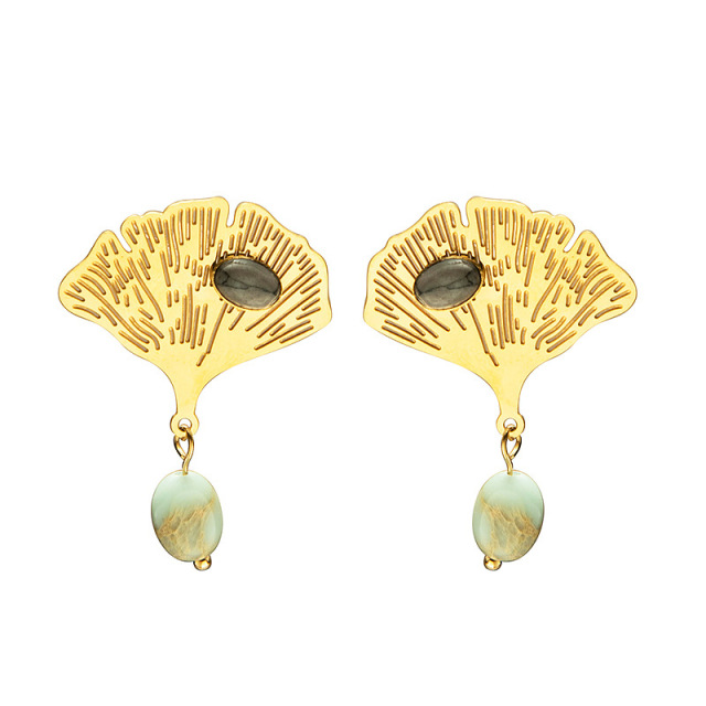 Ginkgo leaf STAINLESS STEEL Stud with natural stone / Boucle d'oreilles en acier inoxydable