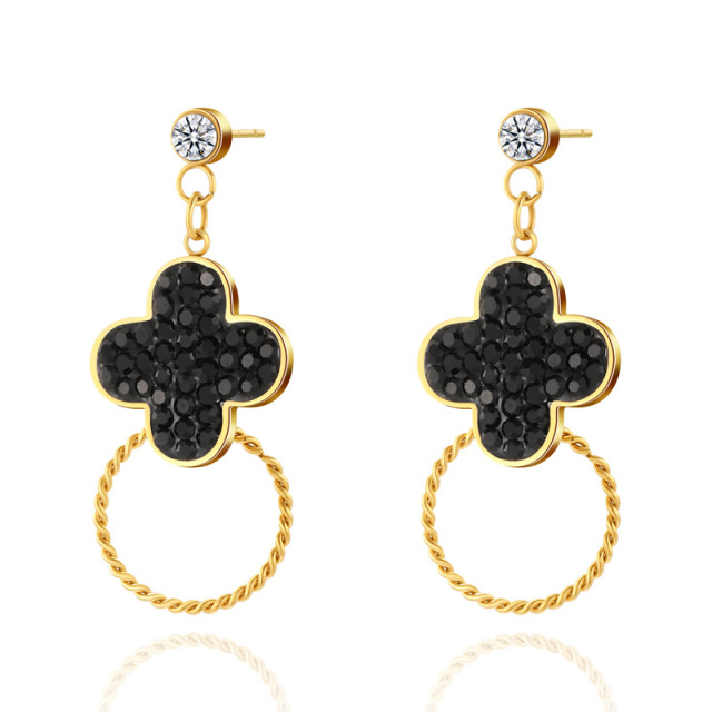 Clover STAINLESS STEEL EARRINGS  inlayed with zircon / Boucle d'oreilles en acier inoxydable