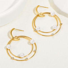 Double ring inlayed with Pearl STAINLESS STEEL EARRINGS / Boucle d'oreilles en acier inoxydable