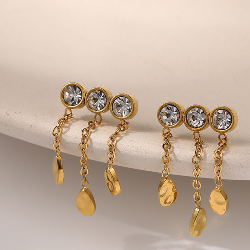 Luxury Chain tassel STAINLESS STEEL STUD EARRINGS inlayed with Rhinestone / Boucle d'oreilles en acier inoxydable