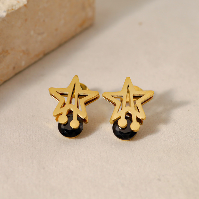 Simple Five-Pointed Star STAINLESS STEEL EARRINGS inlayed with Zircon / Boucle d'oreilles en acier inoxydable