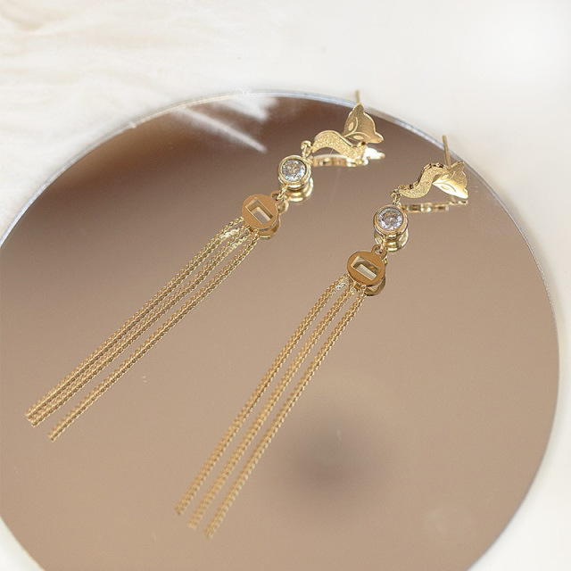 Fox Chain Tassels STAINLESS STEEL EARRINGS inlayed with Rhinestone / Boucle d'oreilles en acier inoxydable