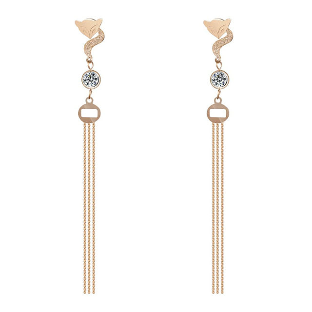 Fox Chain Tassels STAINLESS STEEL EARRINGS inlayed with Rhinestone / Boucle d'oreilles en acier inoxydable