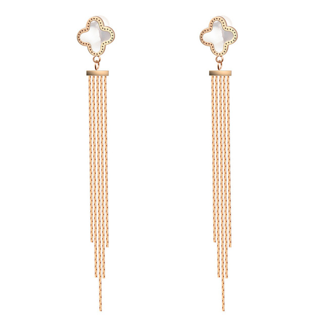 Four Leaf Clover STAINLESS STEEL CHAIN TASSELS EARRINGS / Boucle d'oreilles en acier inoxydable