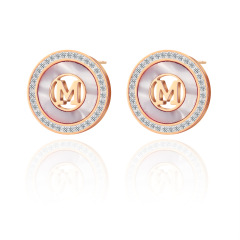 M letter Round STAINLESS STEEL STUD EARRINGS inlayed with Mother of pearl and Rhinestone / Boucle d'oreilles en acier inoxydable