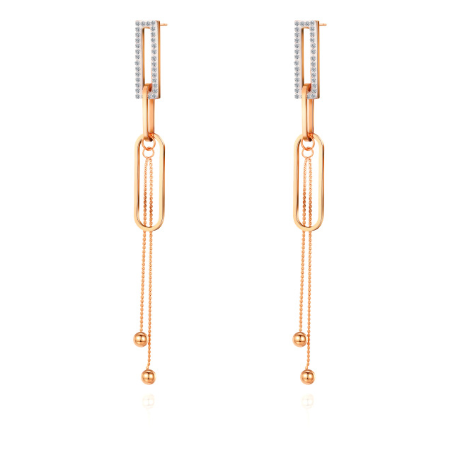 Elliptical Ring Gold Ball STAINLESS STEEL CHAIN TASSELS EARRINGS inlayed with Rhinestone / Boucle d'oreilles en acier inoxydable