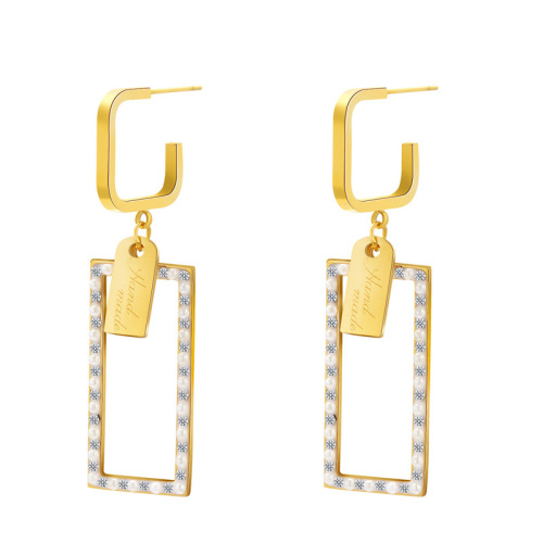 Rectangle Hollow Out STAINLESS STEEL EARRINGS inlayed with Rhinestone and pearl / Boucle d'oreilles en acier inoxydable