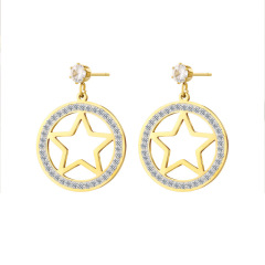 Circle Ring Five-Pointed Star STAINLESS STEEL STUD EARRINGS inlayed with Rhinestone / Boucle d'oreilles en acier inoxydable