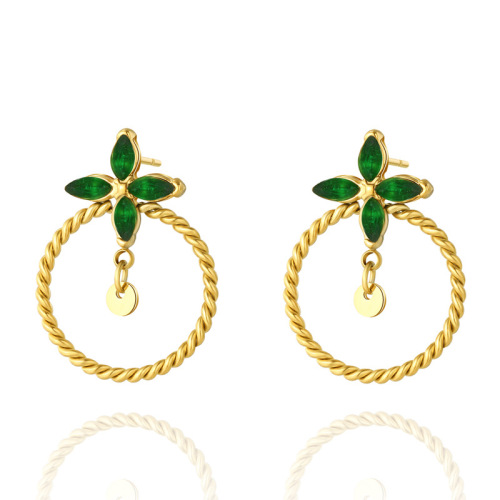 Four-Leaf Clover Hemp Wreath STAINLESS STEEL EARRINGS inlayed with Zircon / Boucle d'oreilles en acier inoxydable