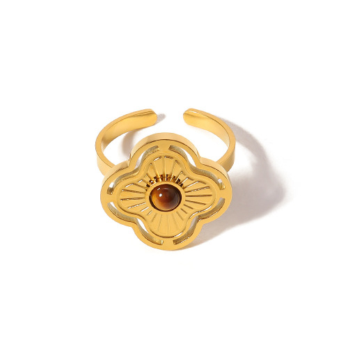 Charm Floral STAINLESS STEEL OPEN RINGS inlayed with Tiger's-eye stone / Bague en acier inoxydable