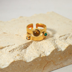 Trendy Double C STAINLESS STEEL OPEN RINGS inlayed with Malachite and Tigerite / Bague en acier inoxydable