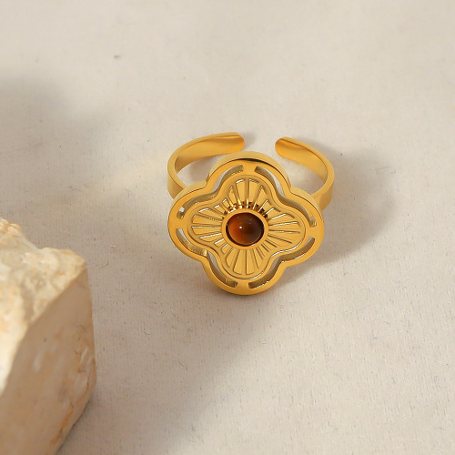 Charm Floral STAINLESS STEEL OPEN RINGS inlayed with Tiger's-eye stone / Bague en acier inoxydable