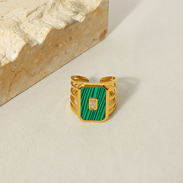 Retro Rectangle Malachite STAINLESS STEEL OPEN RINGS inlayed with Zircon / Bague en acier inoxydable