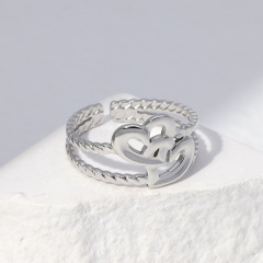 Stainless Steel Adjustable Double Layer Double Heart Open ring / Bague réglable en acier inoxydable