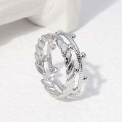 Elegant Stainless Steel Leaf and Vine Double Layer Adjustable Ring / Bague réglable en acier inoxydable