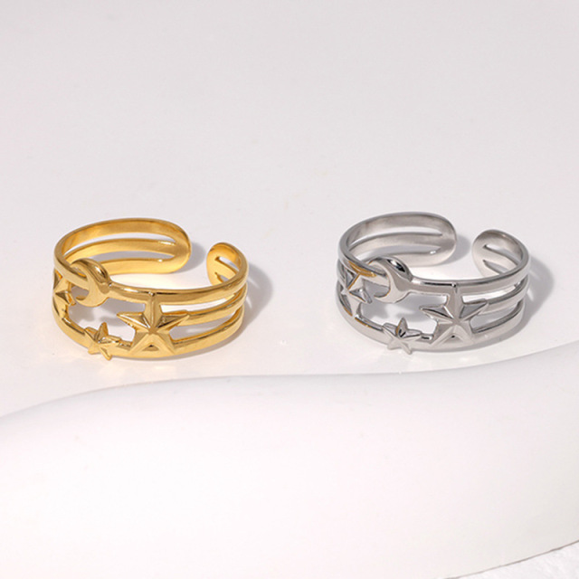 Delicate Stainless Steel Multi-Layer Star & Moon Open Rings
