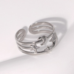 Delicate Stainless Steel Multi-Layer Star & Moon Open Rings