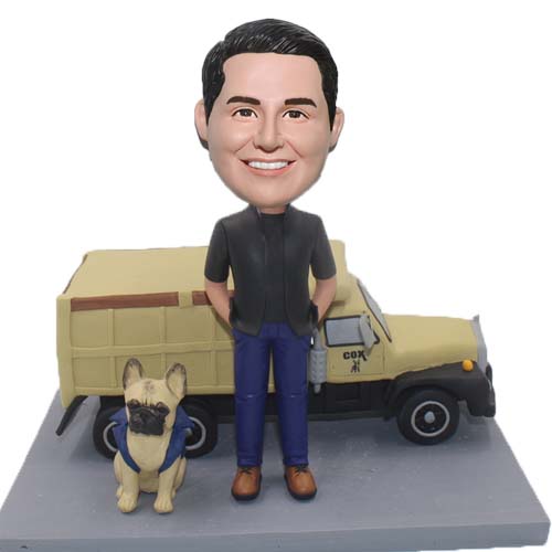 Custom trucker bobblehead with his dog and truck