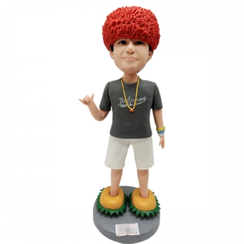 Custom Bobble head with red wig and shaka hand sign