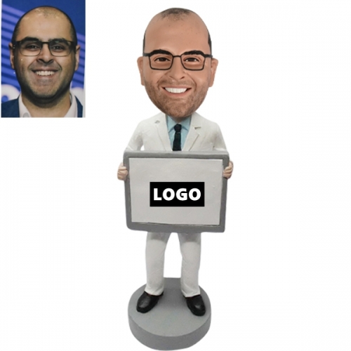 Doctor Bobblehead holding logo slogan sign