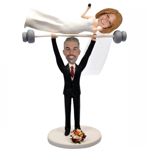 Custom Weightlifting Bobbleheads Wedding Cake topper