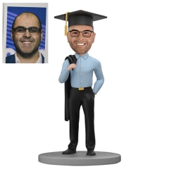 Custom Graduation Bobblehead Male graduate student with gown on shoulder