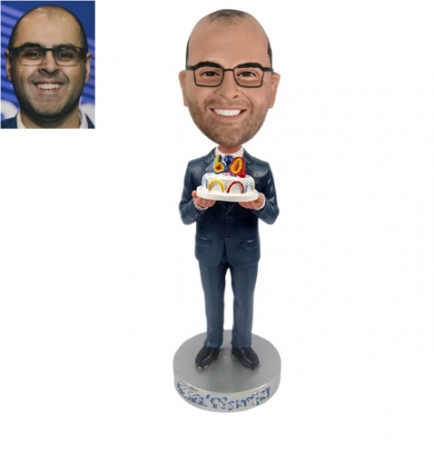 Custom Bobblehead holding birthday cake