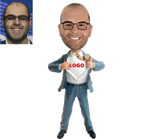 Custom Bobble head in blue suit showing company logo