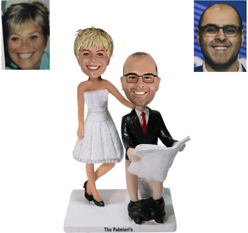 Personalized Wedding Bobblehead Cake topper with groom on toilet