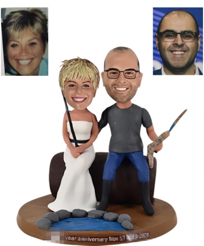 Personalized wedding bobbleheads bride fishing and groom hunting